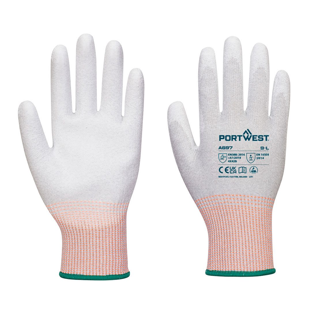 Gant paume enduite PU ESD - Paquet de 12 - Portwest A697 - Grey/White